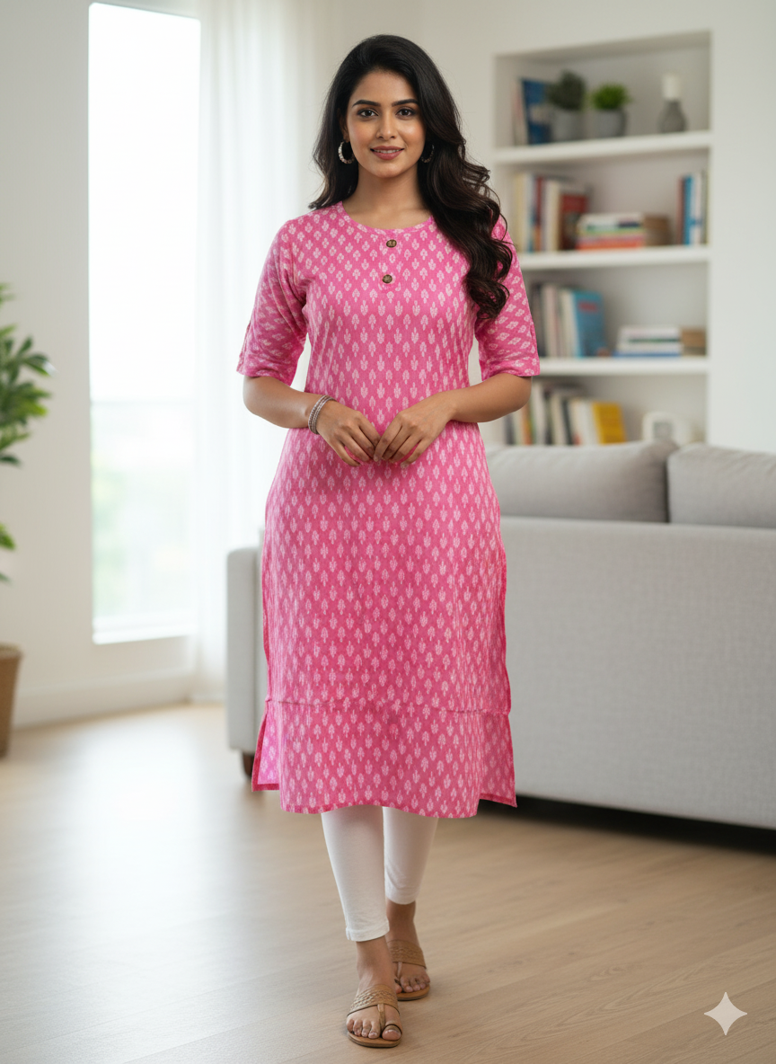 Elegant Pink Ikat Print Straight Kurti