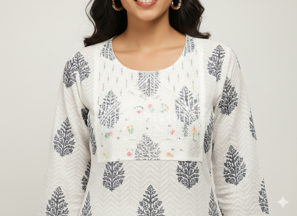 Elegant White & Brown Leaf Print Long Kurti