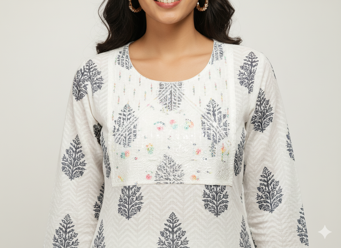 Elegant White & Brown Leaf Print Long Kurti