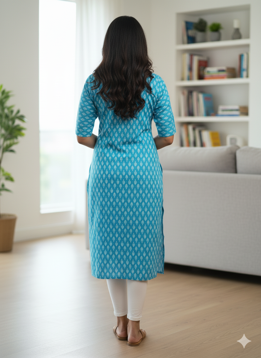Cool Aqua Blue Ikat Print Straight Kurti