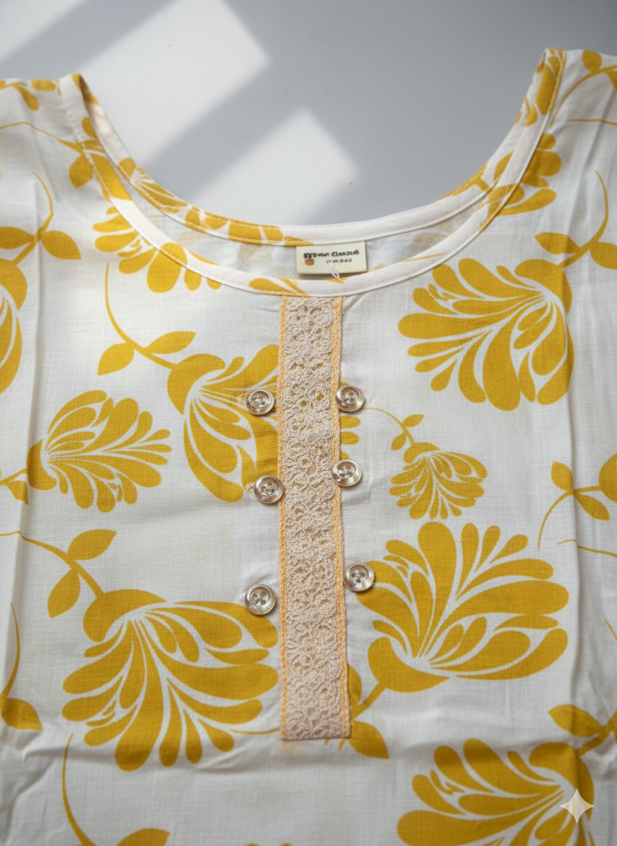 Elegant White & Yellow Floral Straight Kurti