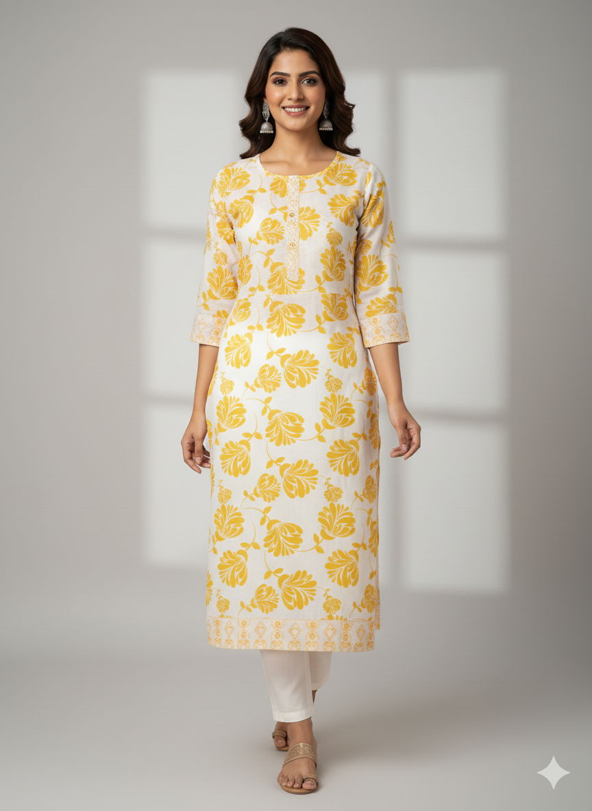 Elegant White & Yellow Floral Straight Kurti