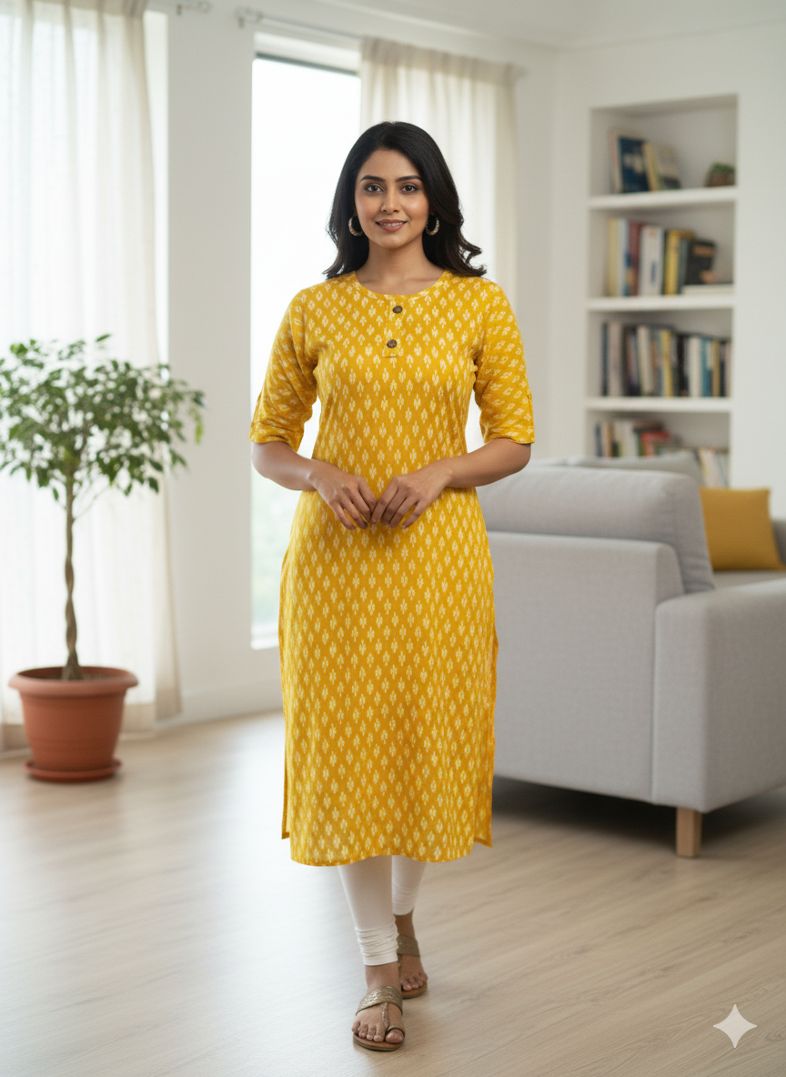 Bright Mustard Ikat Print Straight Kurti