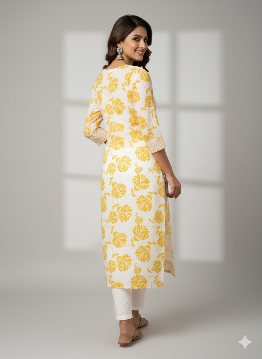 Elegant White & Yellow Floral Straight Kurti