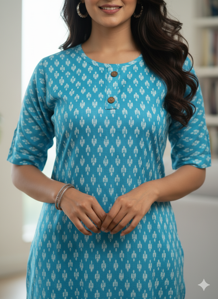 Cool Aqua Blue Ikat Print Straight Kurti