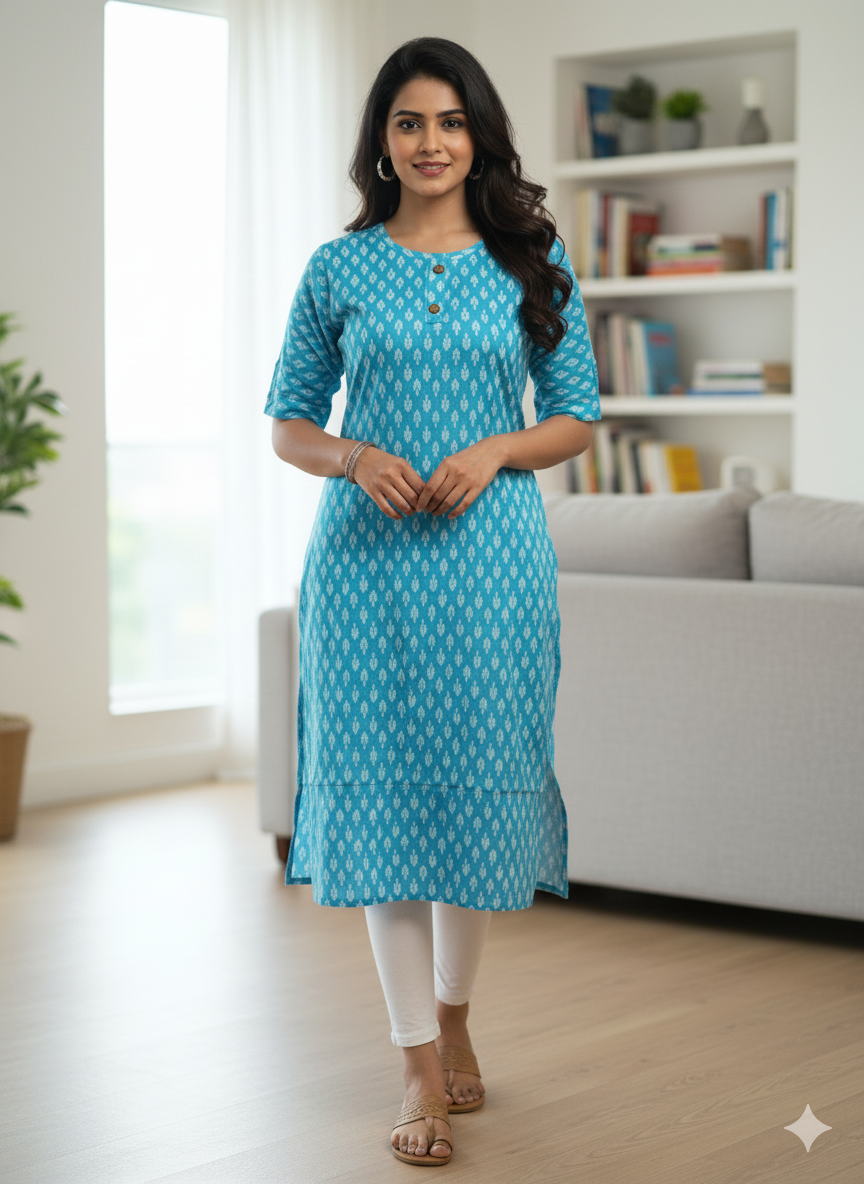 Cool Aqua Blue Ikat Print Straight Kurti