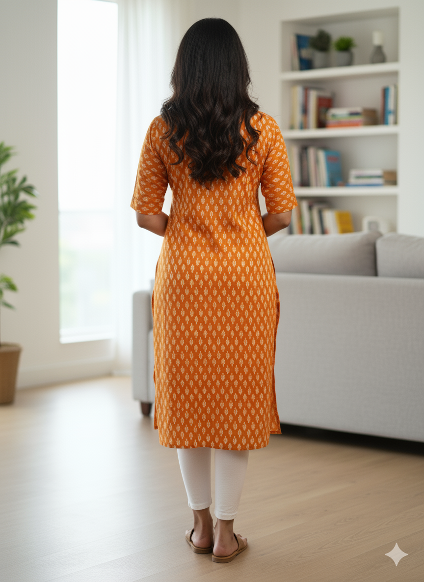 Vibrant Orange Ikat Print Straight Kurti
