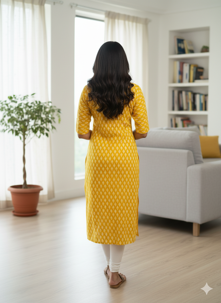 Bright Mustard Ikat Print Straight Kurti