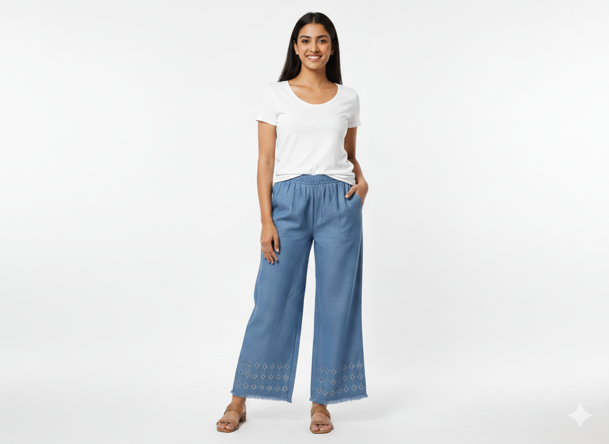 These pants are wide-leg, cropped bottoms with an elastic waistband and delicate cutwork embroidery near the hem.