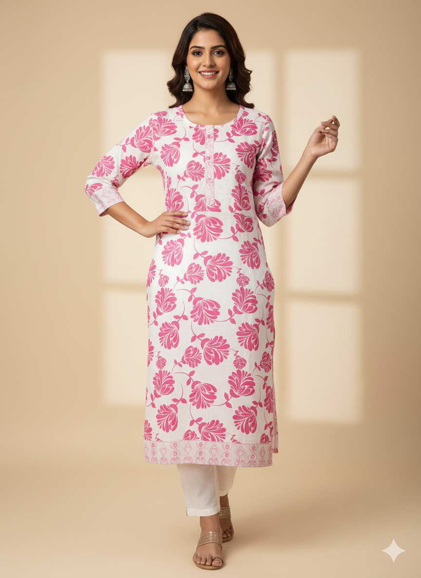Graceful White & Pink Floral Straight Kurti