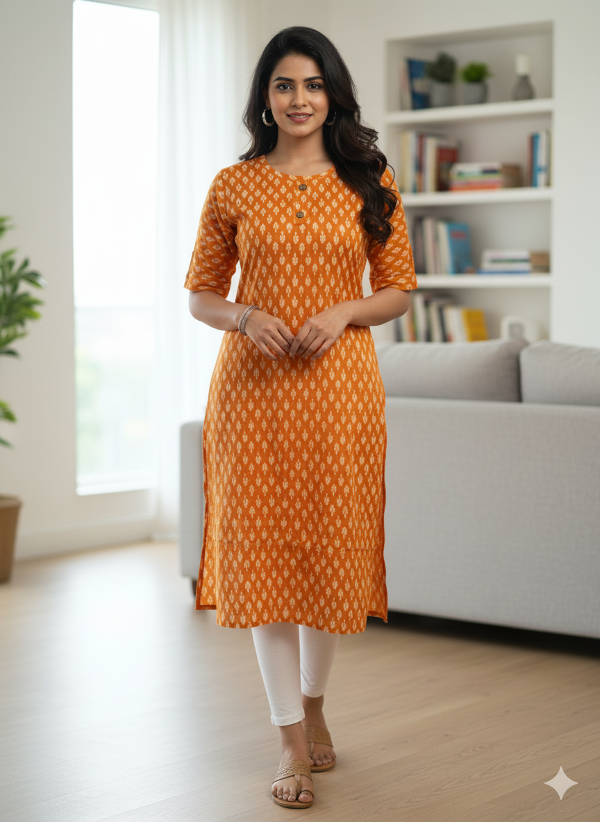Vibrant Orange Ikat Print Straight Kurti