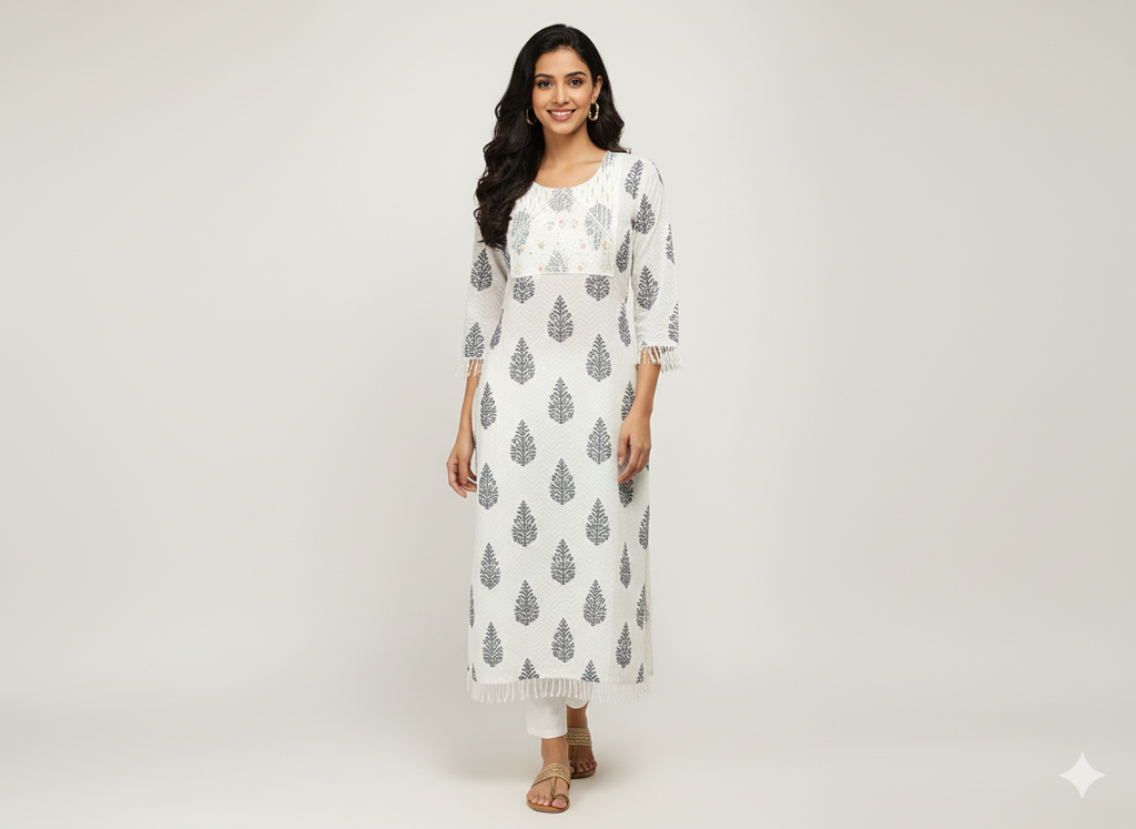 Elegant White & Brown Leaf Print Long Kurti