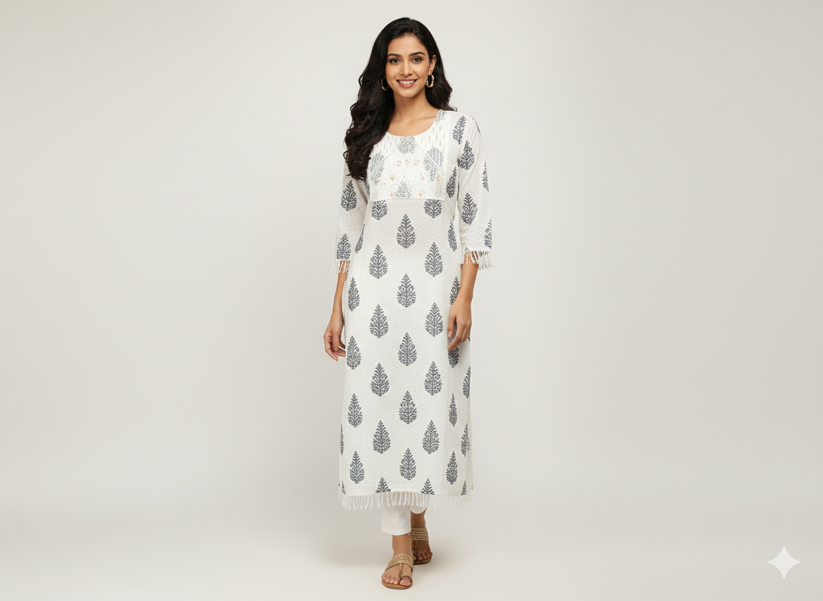 Elegant White & Brown Leaf Print Long Kurti