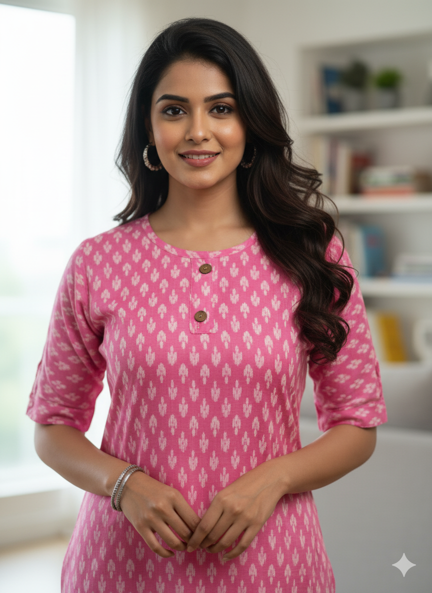 Elegant Pink Ikat Print Straight Kurti