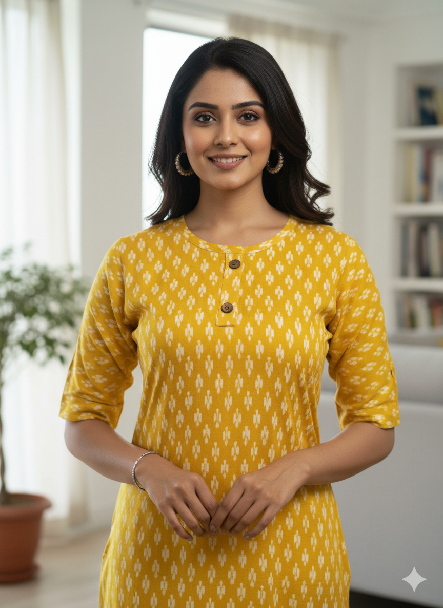 Bright Mustard Ikat Print Straight Kurti