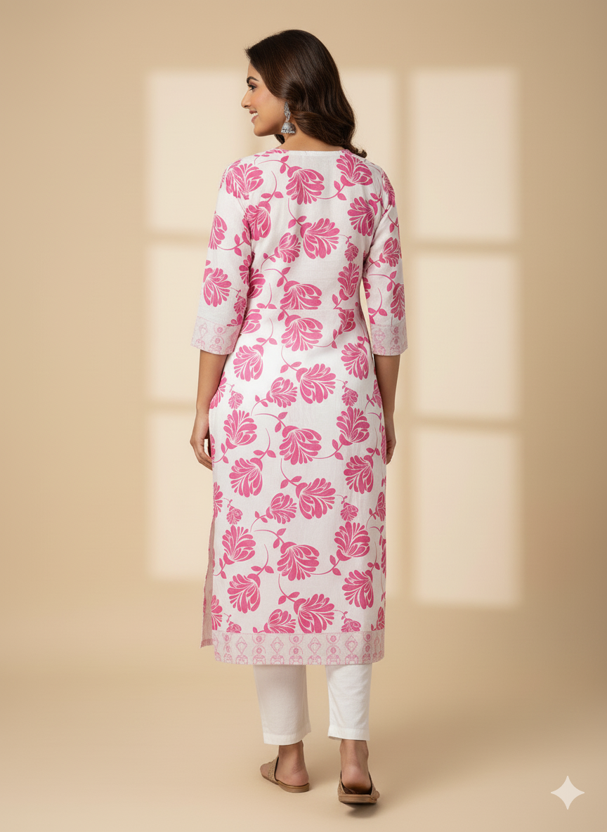 Graceful White & Pink Floral Straight Kurti