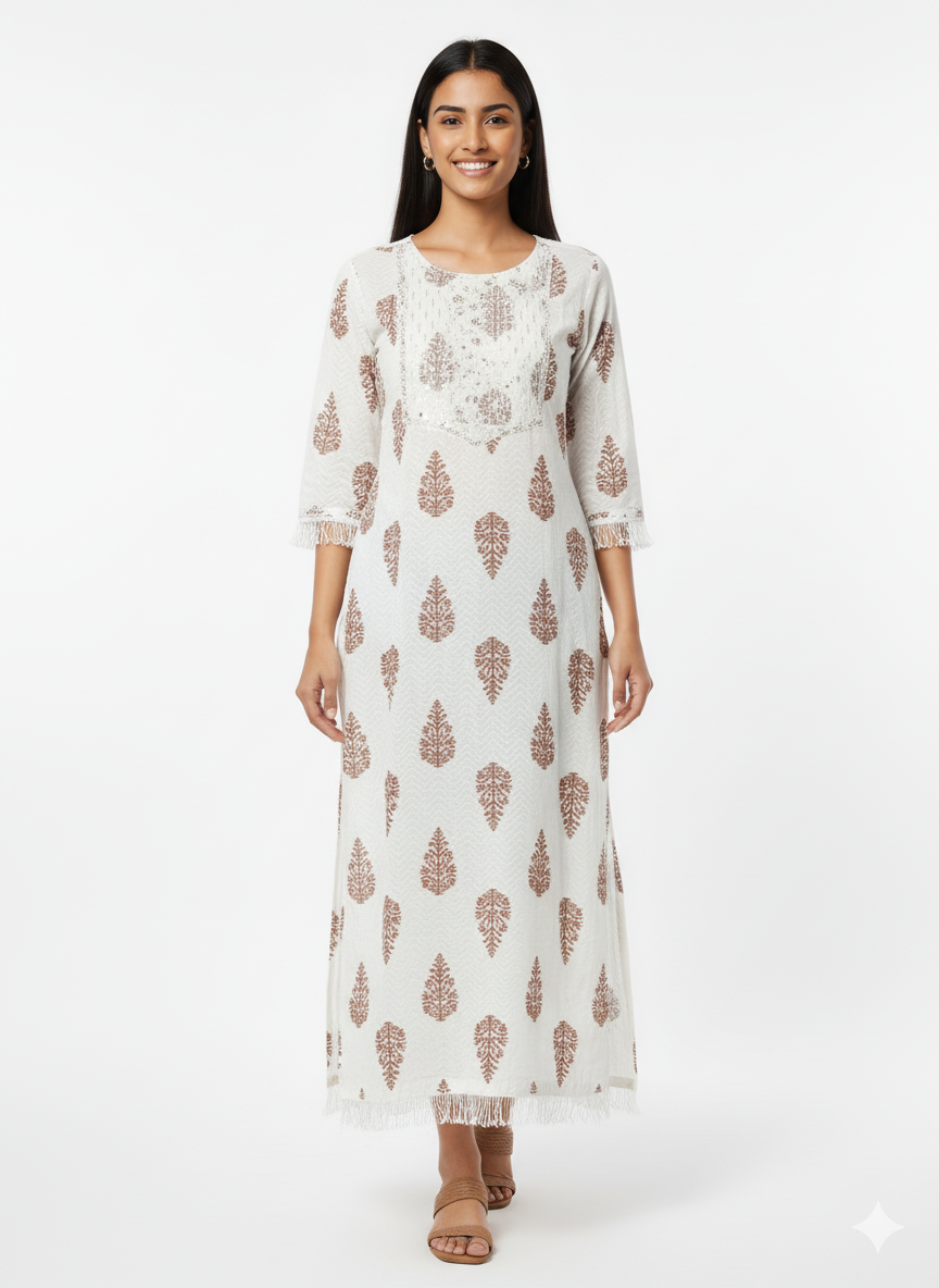 Elegant White & Brown Leaf Print Long Kurti
