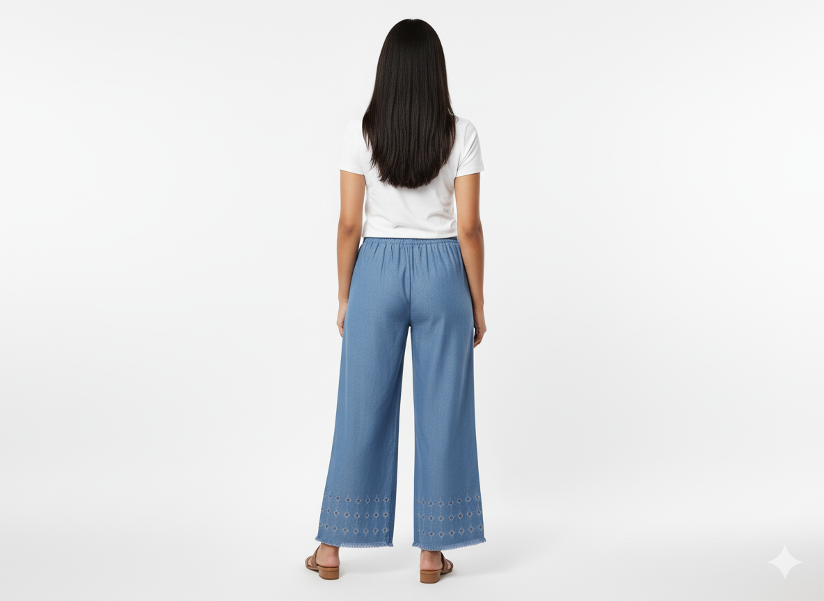 These pants are wide-leg, cropped bottoms with an elastic waistband and delicate cutwork embroidery near the hem.