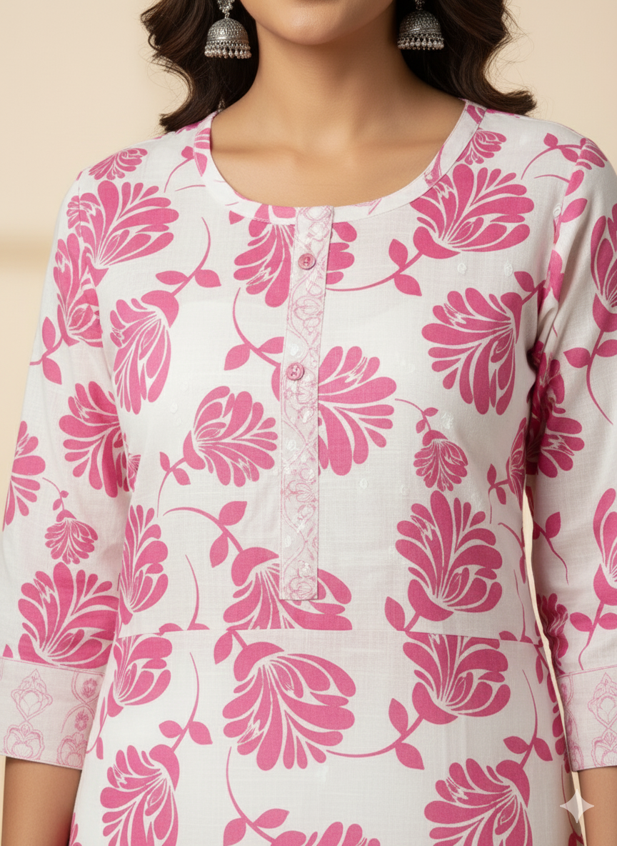 Graceful White & Pink Floral Straight Kurti