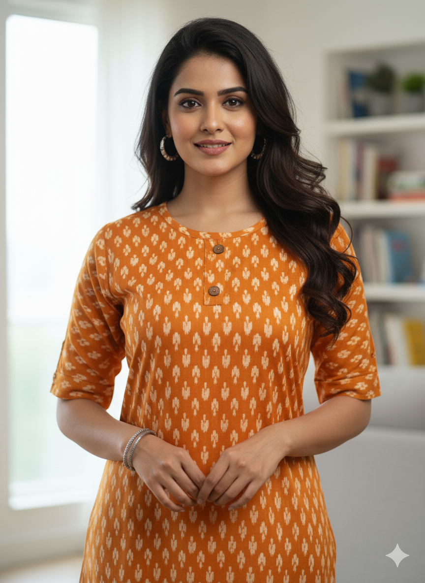 Vibrant Orange Ikat Print Straight Kurti